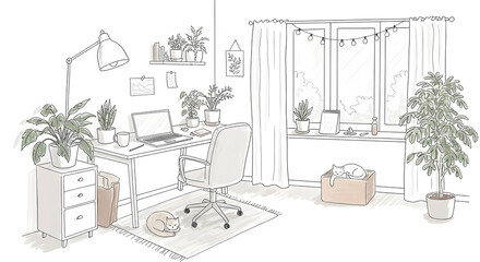 Fototapeta premium Home Office Illustration with Laptop, Plants, Cats, and Natural Light