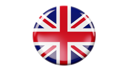 A glossy union jack button on a black isolated background