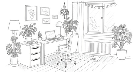 Drawing of Home Office with Desk, Plants, Window and Sleeping Cat