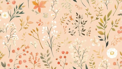 Designing a seamless pattern with small floral and plant motifs, scattered across the canvas in an autumnal color palette of pale peach, pink.
