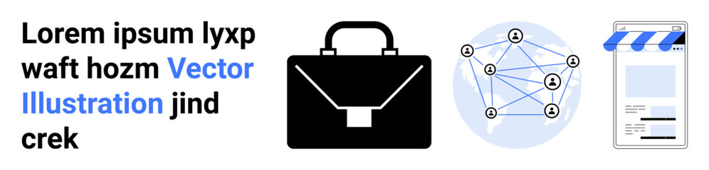 Black briefcase, digital connection nodes in a circular layout, and smartphone with a storefront. Ideal for business, technology, networking, mobility, e-commerce, teamwork simple landing page