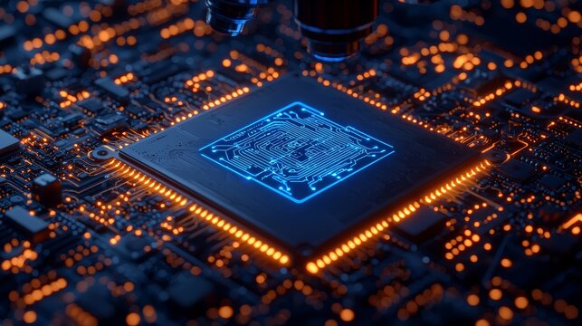 High tech microchip circuit board analysis electronic lab visual content futuristic environment close-up view innovation insights