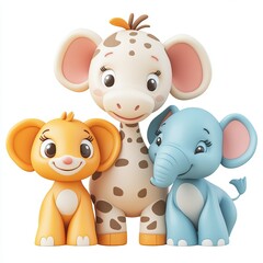 Adorable Cartoon Animals: Elephant, Giraffe, and Lion