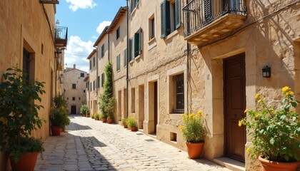 Fototapeta premium Picturesque narrow alleyway in Matera Italy. Ancient stone buildings with traditional architecture. Cobblestone street and potted plants. European travel destination.