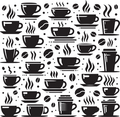 Seamless pattern of coffee cups and mugs with various beverage icons and symbols