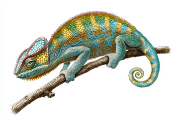 Obraz premium Colorful chameleon climbing along a branch in a vibrant forest setting during daylight hours, showcasing its unique skin patterns and textures Generative AI