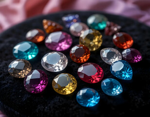 A collection of colorful and faceted gemstone treasures on velvet