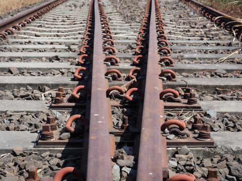 Close-up of train tracks for travel or transportation background.    