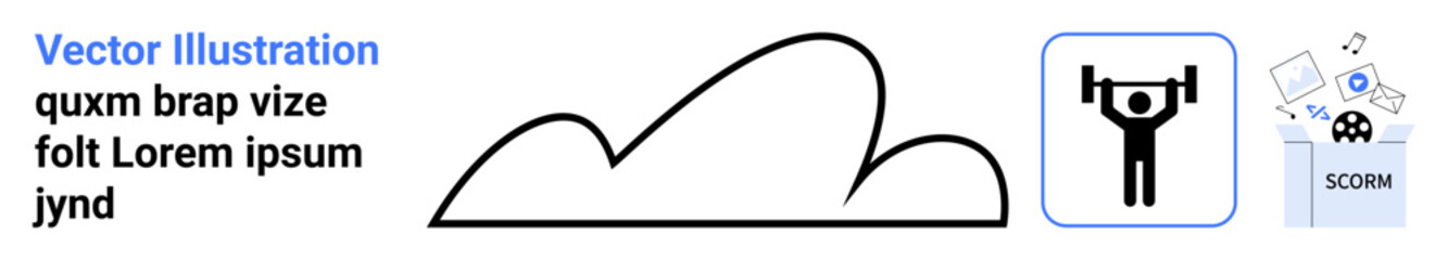 Person lifting weights symbolizing strength near cloud and documents, representing physical fitness, education, and technology. Ideal for training, fitness, e-learning, data, strength education