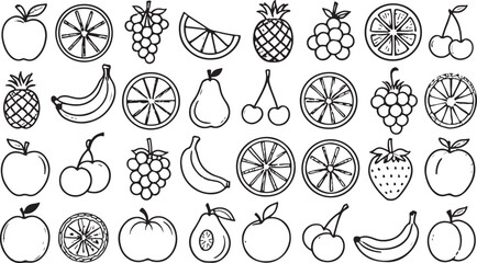 "Hand-Drawn Fruit Collection &ndash; Black and White Line Art of Apples, Bananas, Pineapple, and More"

