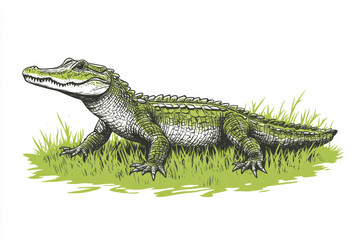 Obraz premium Detail of a crocodyliform relaxing on grassy terrain in a natural setting showcasing its unique features and textures under bright lighting Generative AI