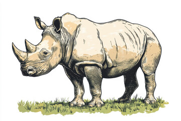 Obraz premium Rhinoceros standing on lush grass showcasing its strong physique and unique features in a natural habitat Generative AI
