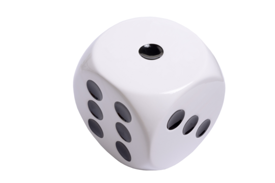 Isolated large white die or dice with black dots on transparent background, template of a die or dice, gambling addiction or table game concept, PNG