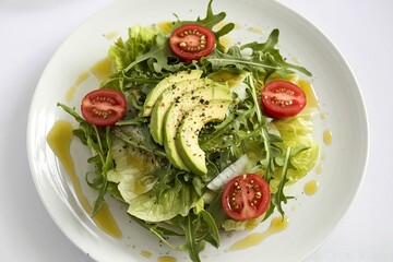 A photo of a salad on a white plate