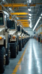 Military vehicles line production factory. Modern defense industry, heavy machinery manufacturing, war tech. Industrial production, armored vehicle assembly, industrial technology. Army support
