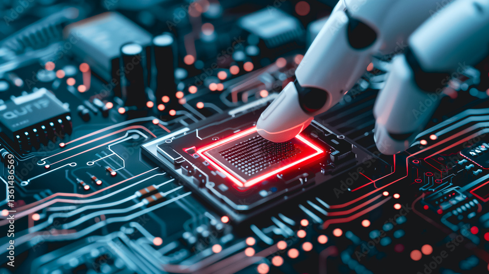 Wall mural digital touch: a close-up shot of a robot's hand interacting with a computer chip, symbolizing artif