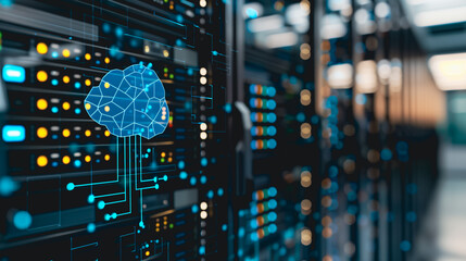 Digital Brain: An advanced server room illuminated by a futuristic blue digital brain concept, symbolizing the intelligent and interconnected world of data, technology and artificial intelligence. 
