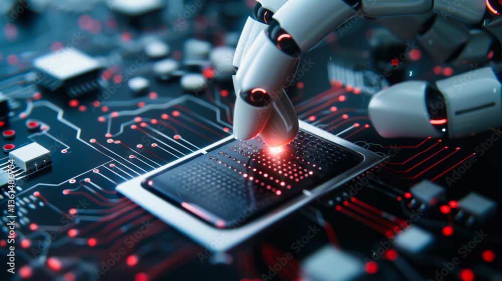 Poster technological interaction: a robotic hand delicately interacts with a microchip on a circuit board, 