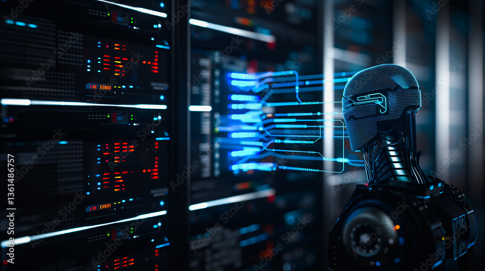 Aufkleber digital sentinel: a robotic entity stands watchfully within a high-tech data center. its mechanical 
