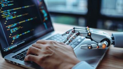 Digital Partnership: A human hand collaborates with a robotic hand on a laptop, navigating code and technology with a modern, futuristic feel.
