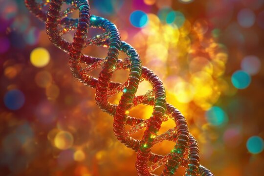 Vibrant dna strand illustrated against a colorful background representing data processing and analysis, dna strand over data processing on colourful background