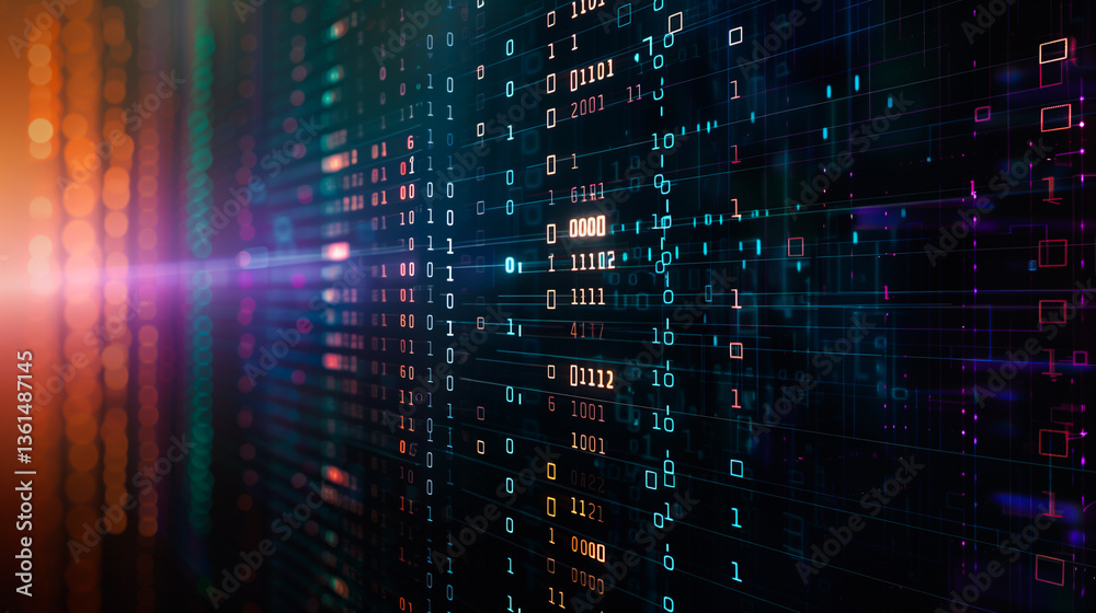 Poster digital data stream: dive into a captivating visual of a data stream, a mesmerizing display of binar