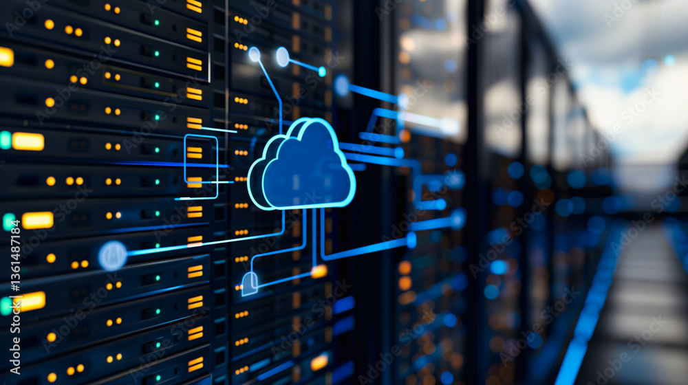 Poster cloud computing infrastructure: a cutting-edge data center server rack, adorned with a digital cloud