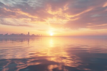 Obraz premium Morning calm with sunrise reflecting on the ocean water near the city skyline, Morning calm flat reflected water and sunrise ocean, flying towards skyline