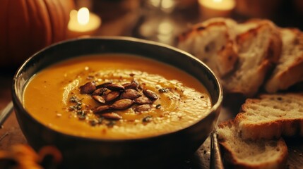 Creamy pumpkin soup autumn harvest candlelight dinner