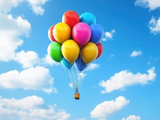 Fototapeta premium A Skybound Spectacle: A cluster of vibrant balloons floats serenely amidst a cloud-filled sky. This image captures the essence of celebration, hope, and freedom.