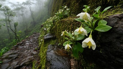Misty Mountain Path with Delicate White Flowers