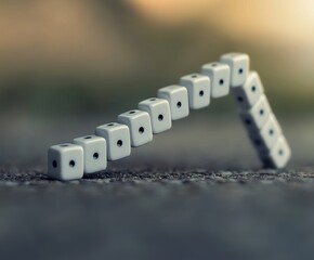 Domino Effect: Capturing the precise moment of potential, a domino cascade poised to fall, signifying chance, risk, or the ripple effect of choices.