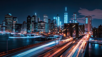 Fototapeta premium Night City Skyline with Blurred Traffic