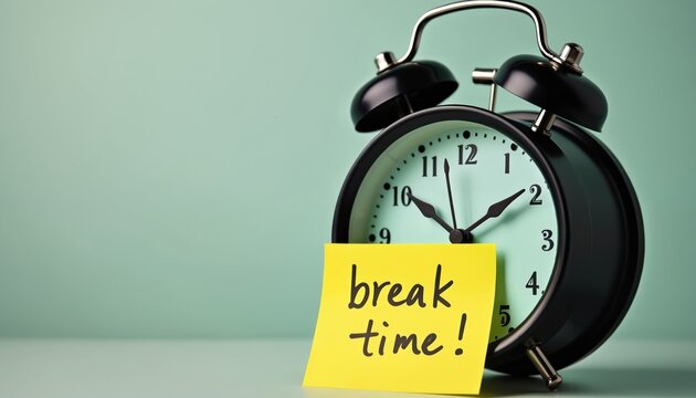 Black alarm clock with message break time on yellow sticky note. Concept time management, rest, relaxation, work-life balance. Positive mindset for midday pause. Office workplace, stress relief.