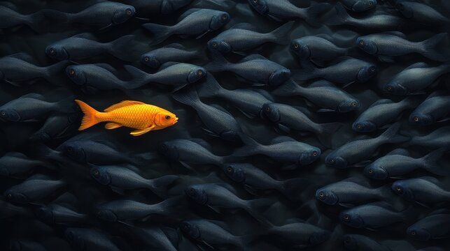 Golden Fish in the Crowd: A single golden fish swims against the tide, contrasting the uniformity of the dark, school. Evoking themes of individuality, courage, and standing out.