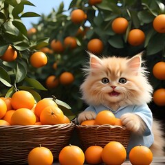 a cat is collecting oranges in an orange grove