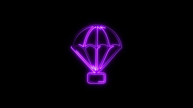 A glowing neon parachute icon animates as it gently floats down, with the soft pulsing glow intensifying with each movement. the parachute icon appears to sway in the air.
