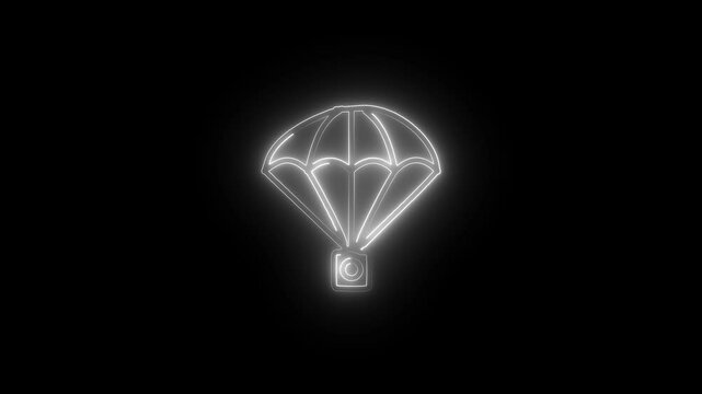 A glowing neon parachute icon animates as it gently floats down, with the soft pulsing glow intensifying with each movement. the parachute icon appears to sway in the air.