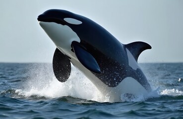 Orca whale breaching ocean water, splash. Black, white killer whale marine life. Day sunlight, blue sea surface, wild creature animal. Aquatic mammal, cetacean dorsal fin, fin jump leap.