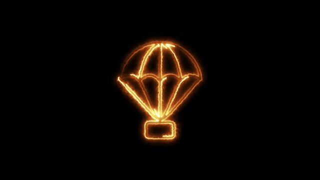 A glowing neon parachute icon animates as it gently floats down, with the soft pulsing glow intensifying with each movement. the parachute icon appears to sway in the air.