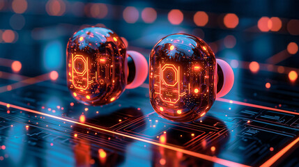 Holographic futuristic earbuds with floating energy orbs and invisible sound conduction
