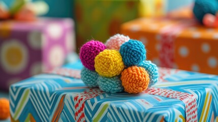 Colorful Yarn Pom-Poms on a Gift