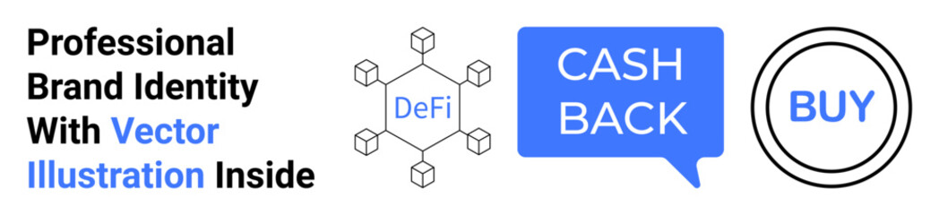 Blockchain network nodes forming DeFi framework, cashback speech bubble, and circular buy button. Ideal for fintech, e-commerce, blockchain, marketing, digital business, finance flat landing page