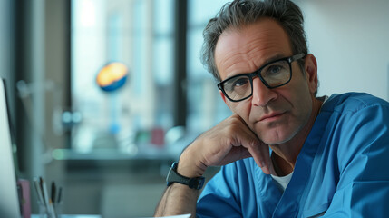 Obraz premium Middle-aged male doctor in scrubs looking thoughtful while sitting in modern medical office