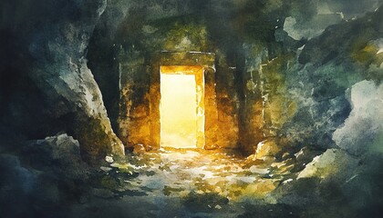 Easter Morning: The sealed tomb at dawn, light softly breaking through darkness. Digital watercolor painting.