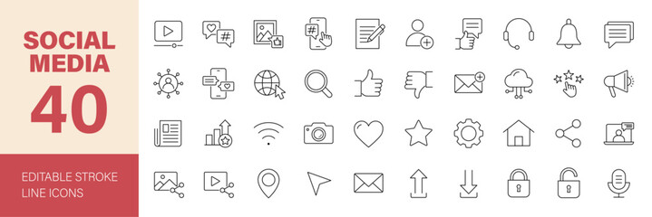 Social Media icon set. Containing digital marketing, network, feedback, communication, like, share, blog, comment, chat, message and more. Editable line icons. Vector illustration.	