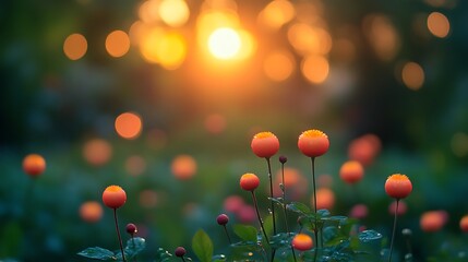 Sunset illuminates orange globe flowers in a garden