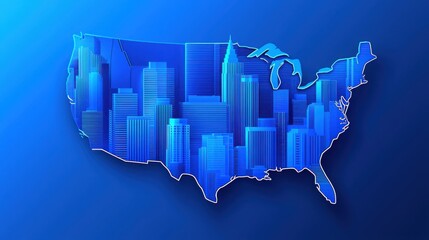 Detailed map of the united states in blue featuring city names labeled clearly on a clean background design