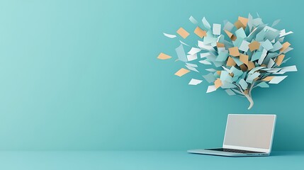 Digital Data Burst: 3D Render of Documents Flowing from Laptop AI Generated