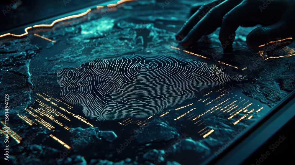 Poster close-up of a fingerprint on a table signifying digital connectivity and cloud computing coverage in